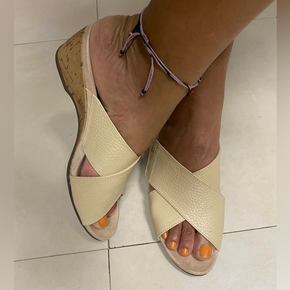 Vionic tan Crisscross Cork Wedge Sandals